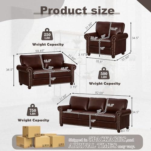Burgundy Mid Century Faux Leather Sofa Set with Storage & Nailhead Trim