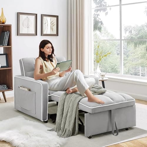 3-in-1 Convertible Sleeper Chair Bed with Adjustable Backrest and Side Pockets, Velvet Upholstered Recliner for Living Room/Office/Small Spaces (Grey)
