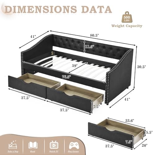 JEEOHEY Twin Daybed with Storage - Modern Upholstered Daybed Sofa with Nailhead Trim and 2 Drawers (Black)