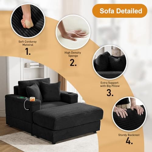 Oversized Chaise Lounge Chair with USB & Cup Holder - Black
