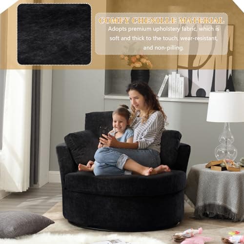 JEEOHEY 360 Degree Swivel Chenille Fabric Chair Set, Black, Oversized Sofa Accent