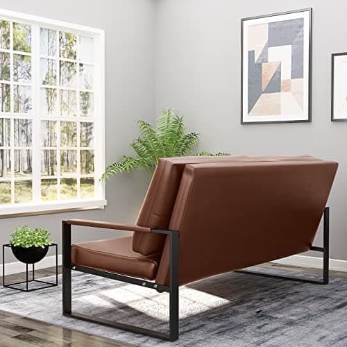Mid-Century Brown Faux Leather Loveseat for Small Spaces