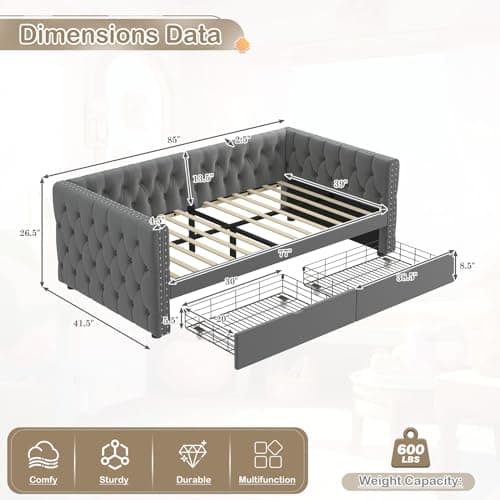 Modern Velvet Twin Size Daybed with Storage Drawers and Nailhead Trim