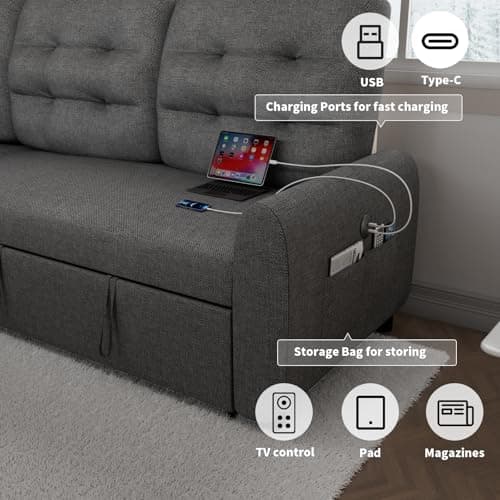 Dark Grey 2-in-1 Sleeper Sofa with Pullout Bed and Charging Station