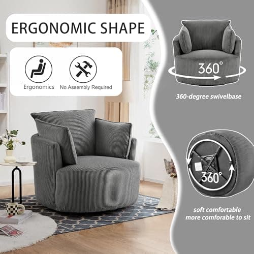 360° Swivel Gray Corduroy Accent Chair with Detachable Cushions