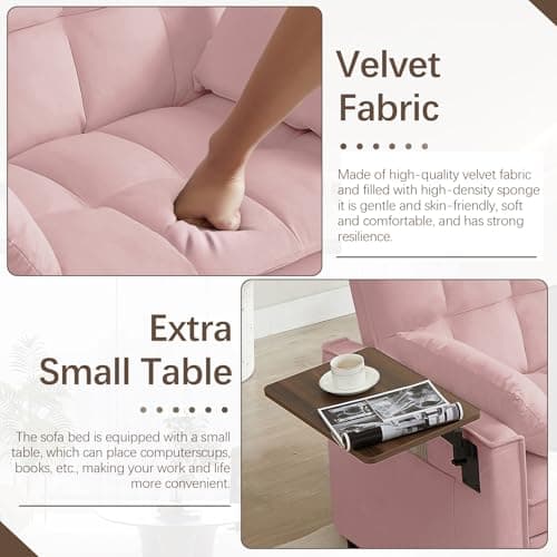 3 in 1 Velvet Sleeper Sofa Bed for Small Spaces (Pink)