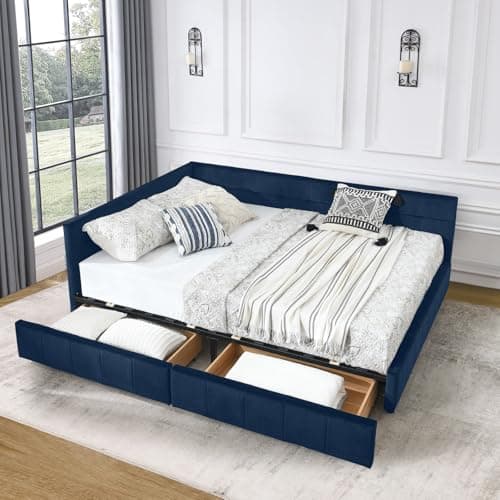 Tufted Velvet Queen Daybed with Storage, Wood L-Shaped Frame, Living Room Sofa Bed, Beige