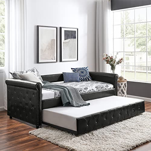 Modern Upholstered Daybed with Trundle, Twin Size, Button Tufted, No Box Spring Needed, Black