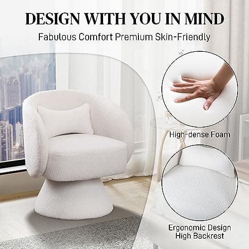 Upholstered Teddy White Swivel Chair, Modern Boucle Sherpa Accent (Living Room, Bedroom, Office)