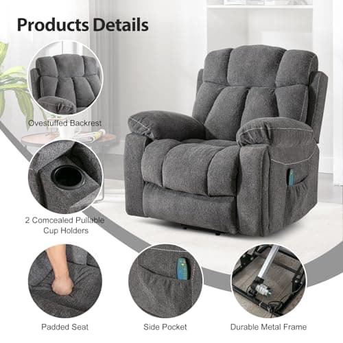 Phoenix Home Large Power Lift Recliner Chair for Elderly with Massage and Heat
Phoenix Home Large Overstuffed Recliner Chair with 2 Cup Holders and Side Pocket for Elderly
Phoenix Home Large Power Lift Recliner Chair with USB Port and Dark Gray Color