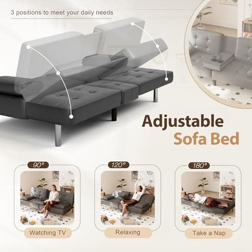 Shahoo Gray Faux Leather Convertible Futon Sofa Bed Couch