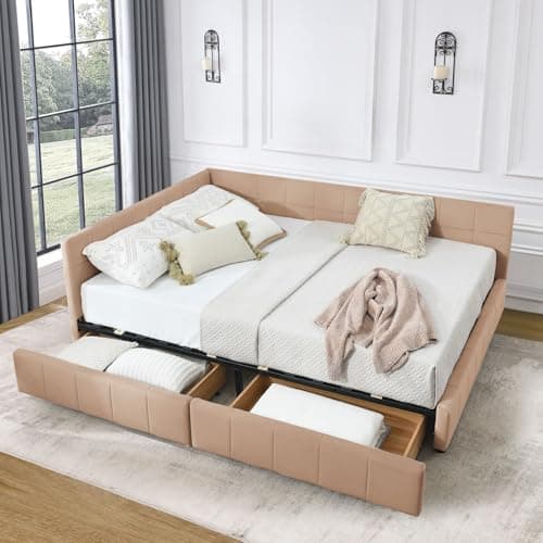 Tufted Velvet Queen Daybed with Storage, Wood L-Shaped Frame, Living Room Sofa Bed, Beige