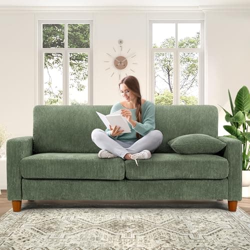 Kidirect Beige White 87in Extra Deep Living Room Sofa, Comfy Corduroy with 2 Pillows