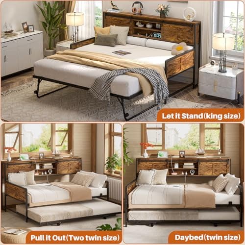 Homieasy Rustic Brown Farmhouse Twin Day Bed with Bookcase & Charging Station