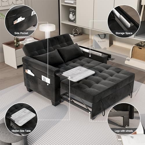 3-in-1 Convertible Sofa Bed with Adjustable Backrest & Hidden Side Table, Black