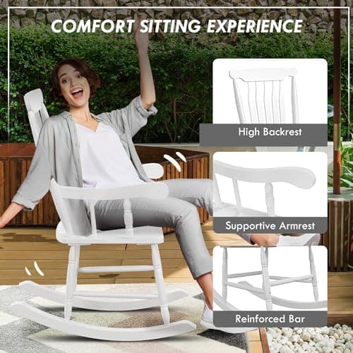 Outsunny White Outdoor Wood Rocking Chair, 350 lbs. Patio Essential