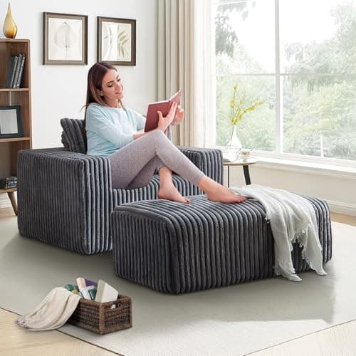 Oversized 48.5 Indoor Chaise Lounge Chair with Ottoman - Modern Plush Corduroy Sofa for Living Room (Grey)