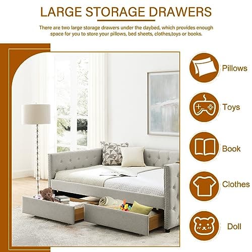 Twin Size Daybed with Storage Drawers, Linen Upholstered Sofa Bed Frame