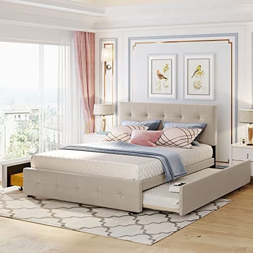 Upholstered Daybed with Trundle, Drawers, and Wood Slat Support Frame - Grey