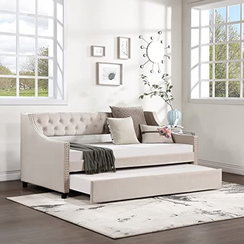 JEEOHEY Modern Button Tufted Velvet Beige Upholstered Daybed with Trundle
