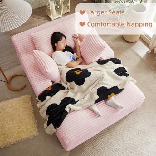Oversized Pink Corduroy Chaise Lounge Chair with Recliner & Throw Pillows