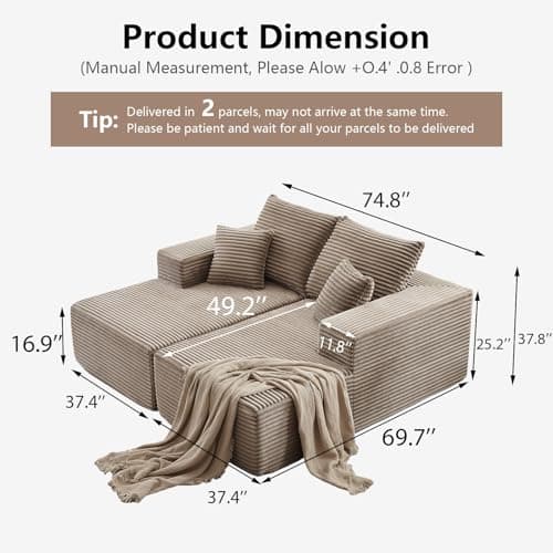 ODUWA Oversized Double Chaise Lounges, Plush Corduroy, Camel