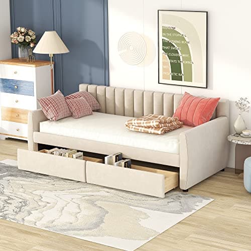 Upholstered Daybed with Storage Drawers, Velvet Sofa Bed Daybed (Twin Size, Beige)