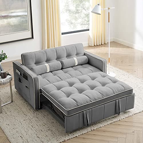 Upgraded Velvet Sleeper Sofa Bed with Pull Out Bed and 2 Pillows for Small Space