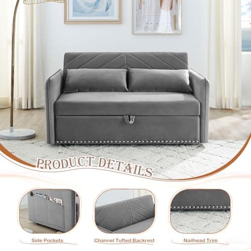 Convertible Sleeper Sofa Couch with Pull Out Bed, Modern Velvet Sofa Bed with Adjustable Backrest & USB Ports