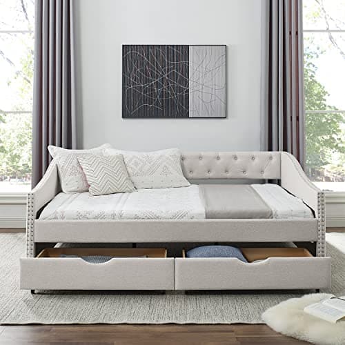 JEEOHEY Beige Button Tufted Full Size Upholstered Daybed with Drawers