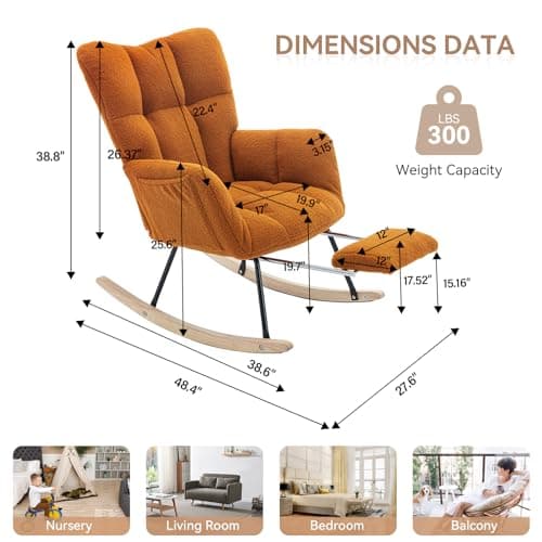 JEEOHEY Teddy Glider Rocking Chair with Footrest and High Backrest for Nursery, Living Room, and Bedroom (Caramel)