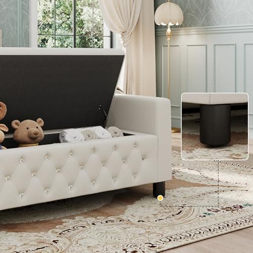 Maupvit 55" Linen Upholstered Storage Bench with Arms & 2 Pillows, Beige