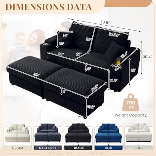 Oversized Black Chaise Lounge Chair with Storage Ottomans and Cup Holders - Modern L-Shaped Sofa for Living Room and Bedroom