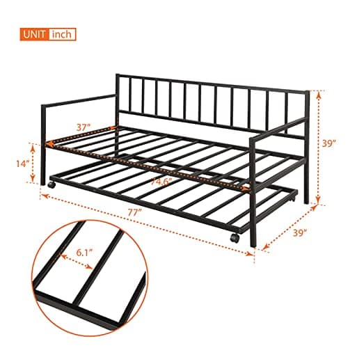 Black Heavy-Duty Metal Daybed with Pullout Trundle, Twin Size