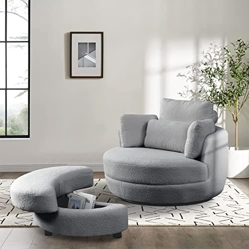 Modern Swivel Accent Chair with Ottoman for Bedroom or Living Room in Grey
