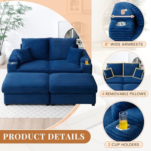 Oversized Chaise Lounge Chair with Storage Ottomans, Blue