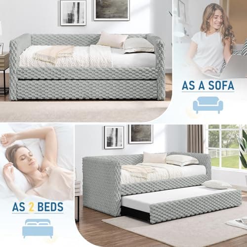 Plaid Corduroy Twin Daybed with Trundle, Grey Tufted Modern Sofa Couch