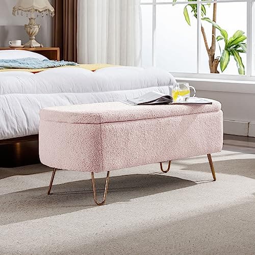 Sherpa Upholstered Storage Ottoman Bench with Gold Legs