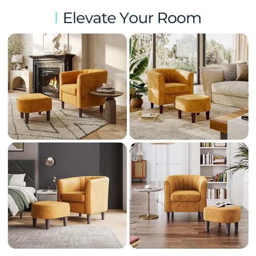 LINSY Velvet Accent Chair with Ottoman, Modern Barrel Reading Chair, Yellow