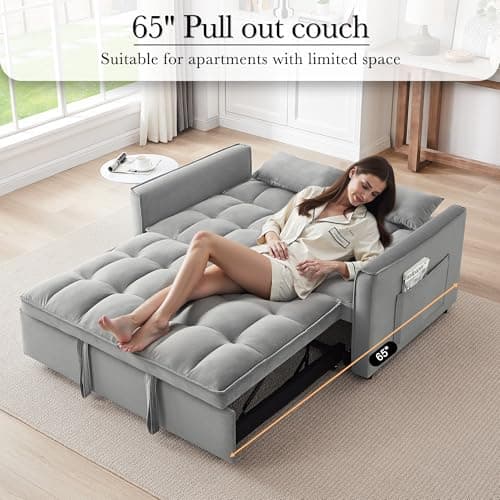 3 in 1 Convertible Sofa Bed, Grey with Side Pocket & Adjustable Backrest