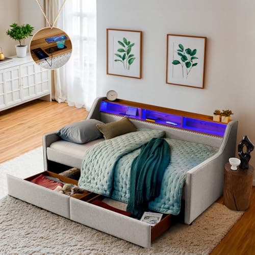 Antetek Beige Upholstered Daybed with Storage & USB Charging, Modern Living Room Sofa Bed
