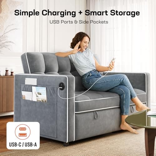 Amada 3-in-1 Convertible Couch, Grey Velvet Sleeper Sofa Bed