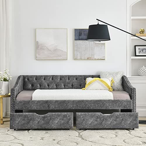 Modern Velvet Upholstered Daybed with Drawers