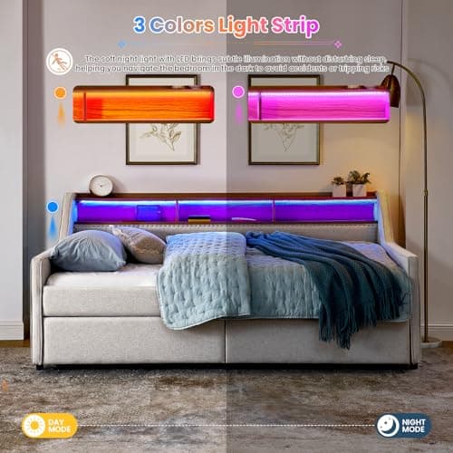 Antetek Beige Upholstered Daybed with Storage & USB Charging, Modern Living Room Sofa Bed