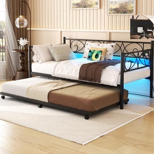 Unikito Black Metal Daybed with Pop-Up Trundle, Charging Station, and LED Lights