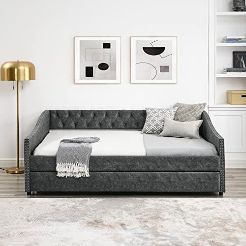 Modern Upholstered Daybed with Trundle, Button Tufted, Full Size, Grey