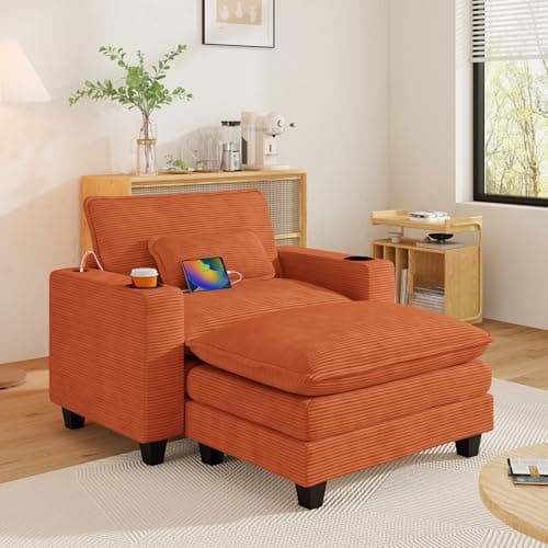 Oversized Grey Corduroy Chaise Lounge Chair with Ottoman & USB Port