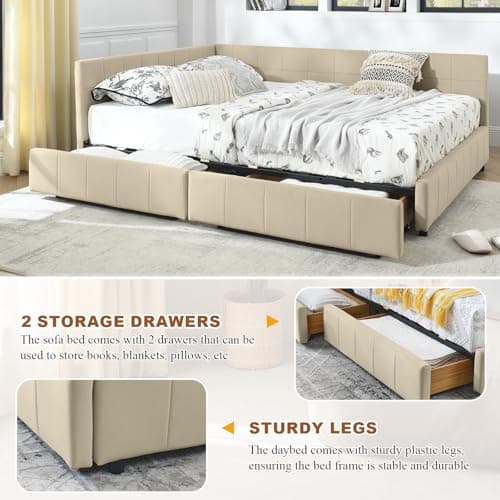 Tufted Velvet Queen Daybed with Storage, Wood L-Shaped Frame, Living Room Sofa Bed, Beige