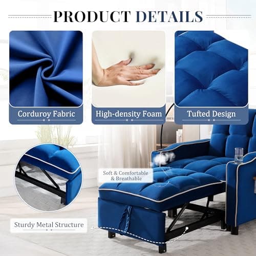 3-in-1 Velvet Tufted Recliner Sleeper Chair Bed with Phone Holder & Side Table (Blue)