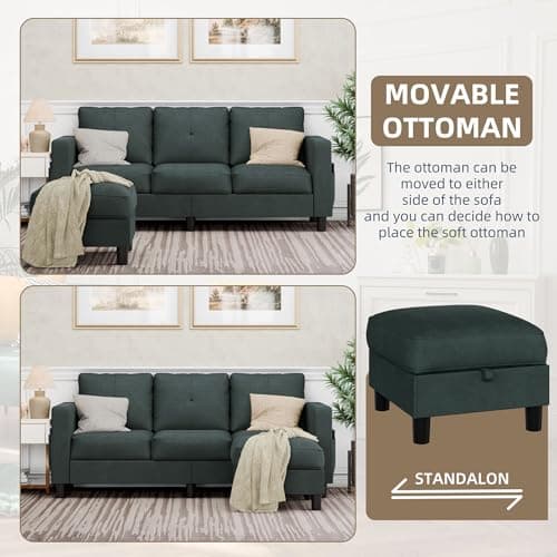 JAMFLY 3-Seat L-Shaped Sectional Sofa with Ottoman, Blue